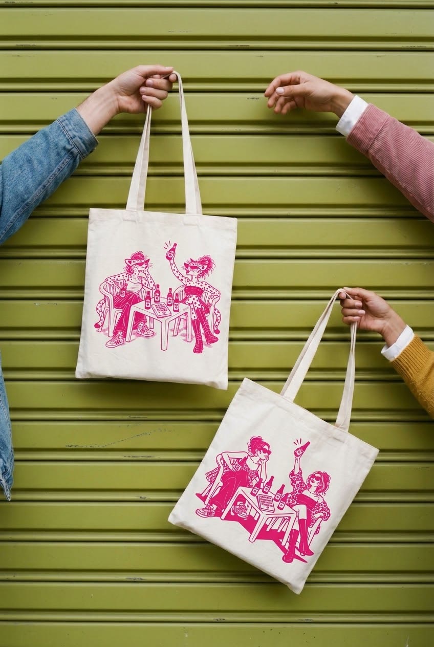 Dos totes de tela con una ilustración rosa de dos mujeres leopardo brindando